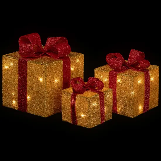 Northlight Set of 3 Gold and Red Gift Boxes with Bows Lighted Christmas Outdoor Decorations {4}
