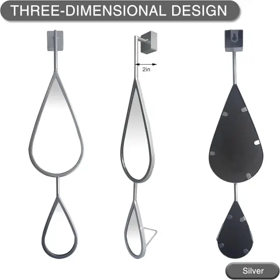 Wall Mirror Silver Decor Tear Drop Shape Metal Frame {5}