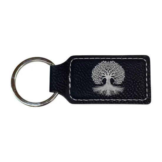 Keychain - Rectangle - Celtic Tree of Life - Leather Black/Silver {1}