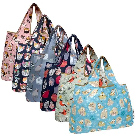 Wrapables Large Foldable Tote Nylon Reusable Grocery Bags, 6 Pack, Cozy Critters {1}