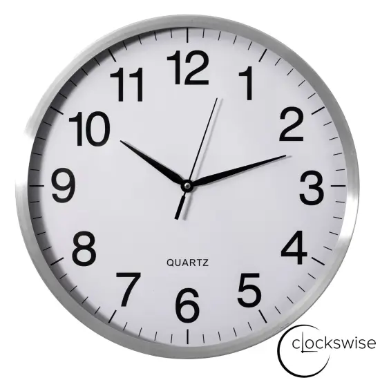 Clockswise Round Quartz Wall Clock Non-Ticking Battery Operated with Silent Sweep Movement, Aluminum Silver Frame, Perfect for Home Kitchen Office Living Room Study Hallway Classroom, Black Face {1}