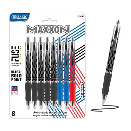 BAZIC Maxxon 1.4 mm Tip Asst. Color FUSE Tech Ink Retractable Pen w/ Cushion Grip (8/Pack) {1}