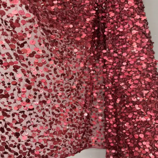 1 Yard Sequined Lace Fabric on 100% Polyester Net Mesh, Embroidered Elegant Lace Material Burgundy {3}
