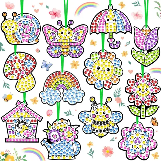 Spring Arts Activity Crafts DIY Spring Suncatcher Ornament Kits Butterfly Flower Gem Diamond Art Craft with Gemstone Stickers and Ribbons for Home Party Decor School Classroom Activities {1}