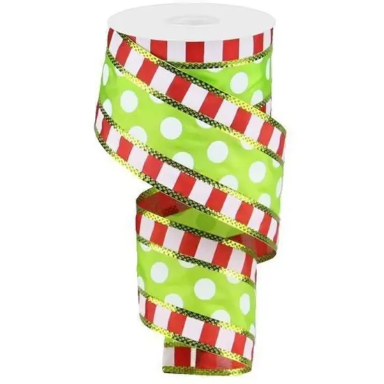 2.5" Striped Edge Polka Dot Ribbon: Red, Green & White (10 Yards) {1}
