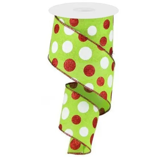 2.5" Multi Glitter Dots Ribbon: Lime Green, Red, White (10 Yards) {1}