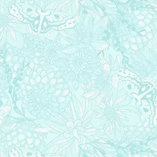 Light Aqua Dahlias at Dusk Tonal Floral & Butterflies Cotton 44"/45" Fabric Per Yard {1}