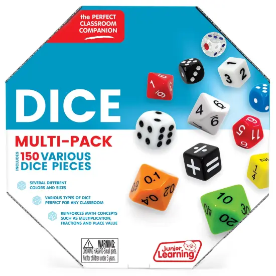 Junior Learning: Dice Multi-Pack - 150 Various Pieces - Multiple Sizes & Values, Math Concepts-Fractions-Equations, Use For Kids Play & Learning Games {4}