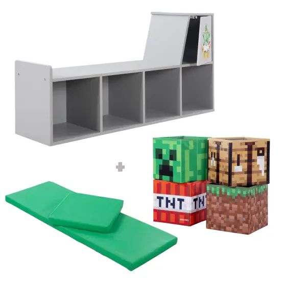 Minecraft: Storage Bench - Wooden Storage w/ Cushioned Reading Shelf, 4 Themed Storage Cubes, Seating & Organization In 1, Game Theme D&eacute;cor, Licensed {3}