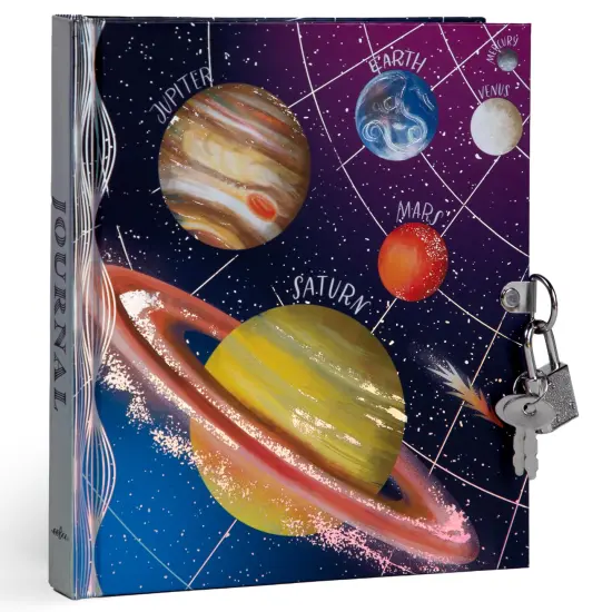 eeBoo: Space Journal - Includes Lock & Keys, 176 Lined Pages, Stetch & Take Notes, 6.25 x 5.5", Foil Cover Solar System-Themed Diary, Kids & Teens {1}