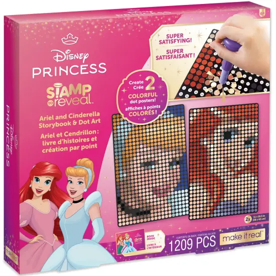 Make It Real: Disney Stamp To Reveal Ariel & Cinderella Storybook & Dot Art - 1209 pcs, DIY 2 Princess Dot Posters, Craft Kit, Girls & Kids Ages 6+ {1}