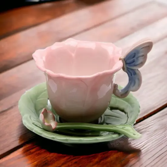 Ceramic Rose Cup and Saucer and Spoon-2 Sets, Gift for Her, Gift for Mom, Gift for Friend or Coworker, Tea Party Décor, Café Decor {2}