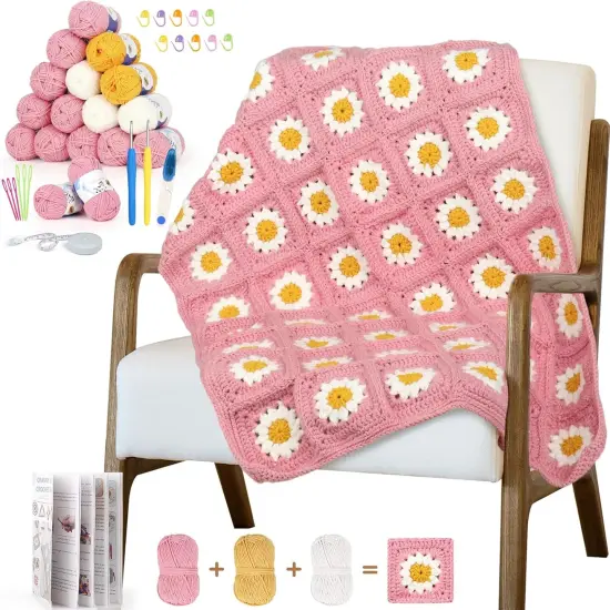 Granny Square Crochet Blanket Kit - Pink {1}