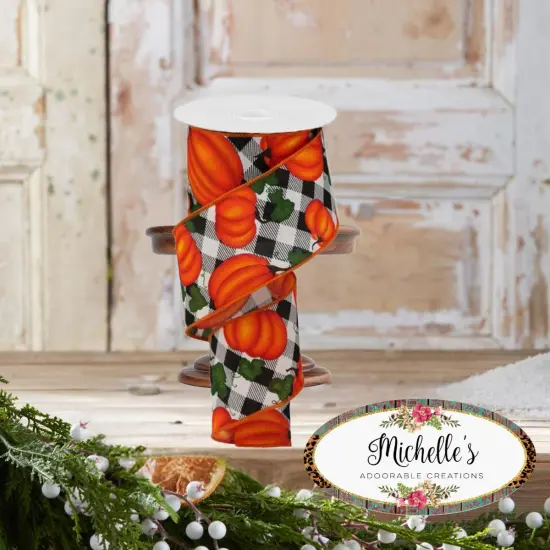 2.5" Leaves Pumpkin on Check Ribbon: Cream (10 Yards) {4}