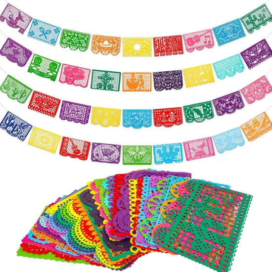 4pcs Mexican Fiesta Party Felt Banner(11.8 * 7.9 inch) Cinco de Mayo Fiesta Banner Dia De Los Muertos Day of The Dead Fiesta Papel Picado Hanging Banner Party Decorations 4 Different Designs {1}