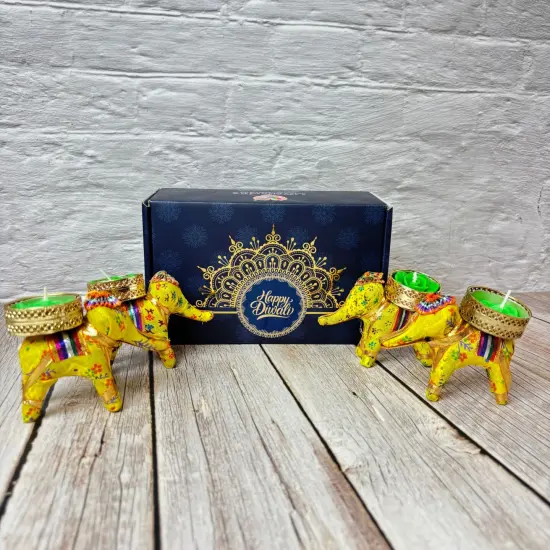 Personalized Diwali Gifts Hamper Set of 4 Elephant Tealight Candle Holder Diwali Custom Gifts Boxes Indian Festival Deepawali Hamper for Employees Home Office Friends Family - Return Gift {5}