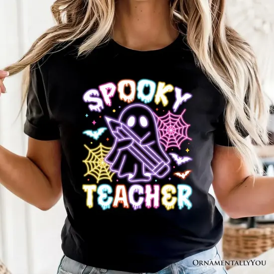Spooky Teacher Neon Ghost T-Shirt, Retro Halloween Tee for Educators {5}