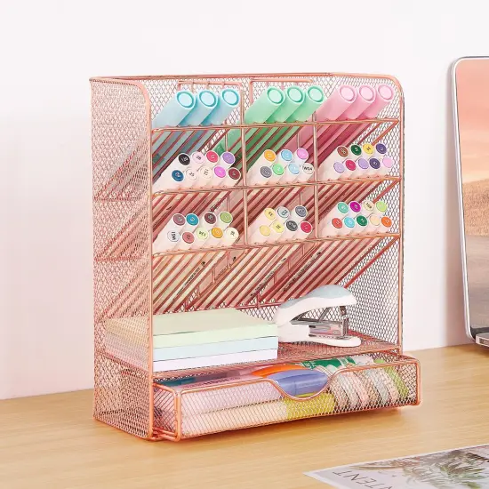 Spacrea Pen Holder Desk Organizer - Desk Organizers and Accessories, Pencil Holder with 10 Compartments and 1 Drawer(Rose Gold) {5}