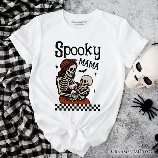 Spooky Mama Skeleton Halloween T-Shirt, Momster Retro Checkered Tee With Boo Vibes {7}