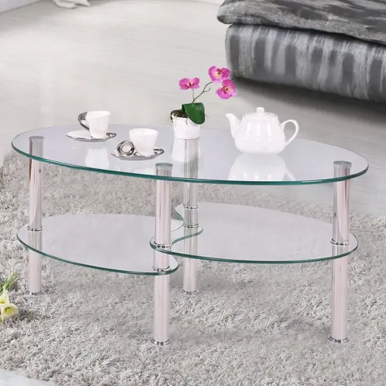 Modern Clear Tempered Glass Coffee Table with Oval Shape and Two Bottom Storage Shelves {3}