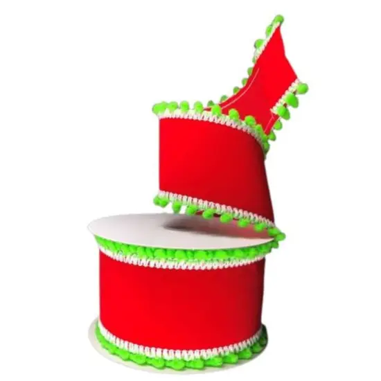 2.5" Red Velvet Pom Ribbon: Lime Green (10 Yards) {2}