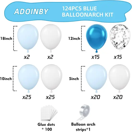 Blue Balloon Arch Kit, 124Pcs Metallic Blue White and Silver Confetti Balloons Different Size Balloons for Baby Shower Bridal Shower Birthday Wedding Bachelorette Anniversary Party Decorations {2}