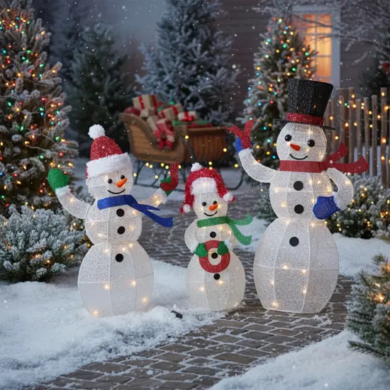 Northlight Lighted Glittering Mesh JOY Snowmen Outdoor Christmas Decoration - Warm White -Set 3 {4}