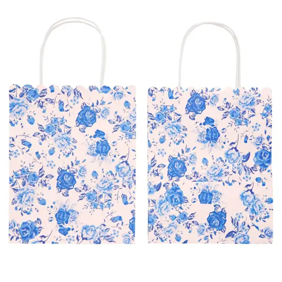 Sparkle and Bash 24-Pack Floral Gift Bags with Handles for Birthdays, Weddings, Bridal or Baby Showers - Rose Flower Print, Blue (8 x4x10 In) {6}