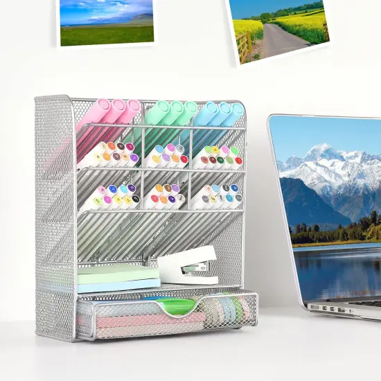 Spacrea Pen Holder Desk Organizer - Desk Organizers and Accessories, Pencil Holder with 10 Compartments and 1 Drawer (Silver) {6}