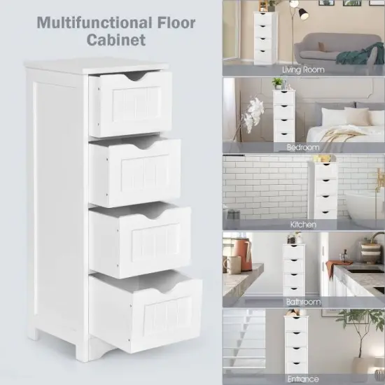 White Modern Farmhouse 4 Drawer Bathroom Floor Cabinet Freestanding Waterproof Linen Storage Organizer {4}