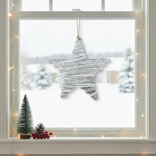 Kaemingk Glittered Rattan Hanging Star Christmas Decoration - 12" - Silver and Cream {4}