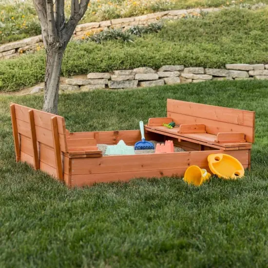 Brown Cedar Wood Kids Sandbox with Split Cover abd Built-In Benches for Outdoor Play {2}