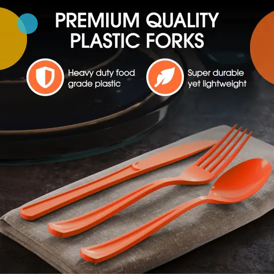 Exquisite Polished Plastic Silverware &ndash; 150 Pcs Heavy Duty Cutlery Set &ndash; 50 Each of Forks, Knives & Spoons &ndash; Disposable Utensil Set for Parties, Events & Catering &ndash; Flatware Set by Party Solids Orange {4}