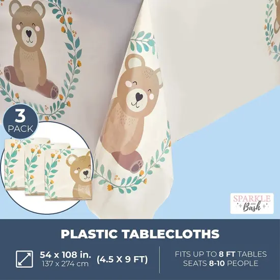 Bear Plastic Tablecloth for Boy Baby Shower Decorations (54 x 108 in, 3 Pack) {2}