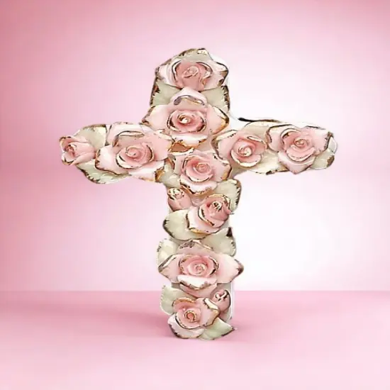 Ceramic Pink Roses Cross Pendant, Religious Décor, Religious Gift, Church Décor, Church Gift, Baptism Gift {2}