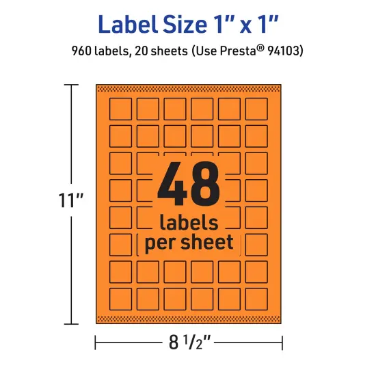 Avery Bright Orange Paper Labels, 1" x 1" Square {5}