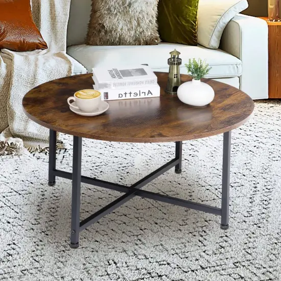Modern 31.5" Round MDF Wood Coffee Table with Adjustable Feet and Metal Frame for Living Room {4}