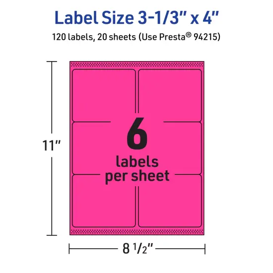 Avery Neon Magenta Paper Labels, 3-1/3" x 4" Rectangle {5}
