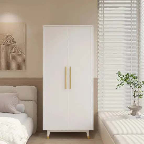 White 2 Door Wardrobe Cabinet with Hanging Rail and Fixed Shelf for Clothes Storage in Bedroom Garage Home Office {4}