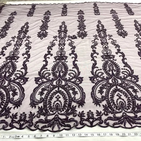 1 Yard Luxurious Beaded and Corded Bridal Lace Fabric Embroidered on 100% Polyester Net Mesh Blush 54" Width Plum {1}