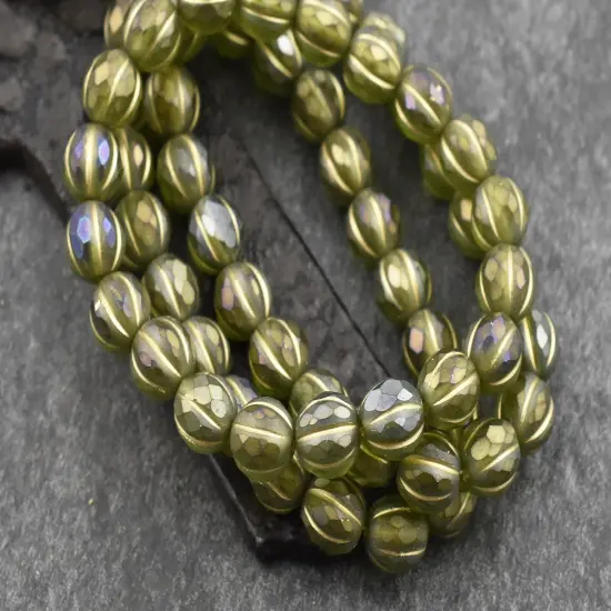 *20* 8mm Gold Washed Matte Olivine Luster Faceted Round Melon Beads {6}