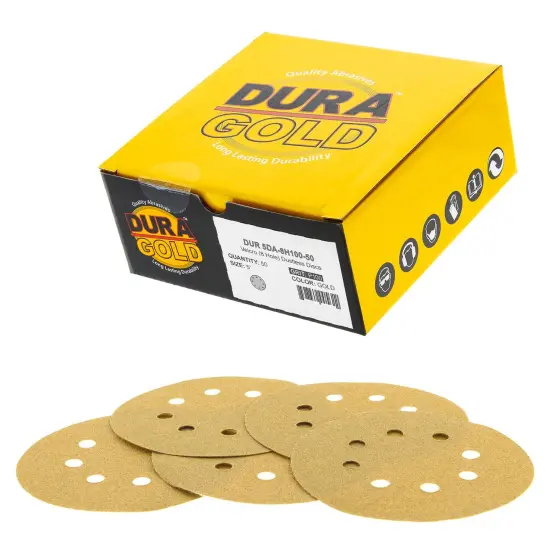100 Grit - 5" Gold DA Sanding Discs - 8-Hole Pattern Hook and Loop - Box of 50 {1}