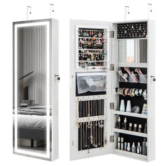 Costway Door Wall Mount Touch Screen LED Light Mirrored Jewelry Cabinet Storage White/Coffee/Black {9}