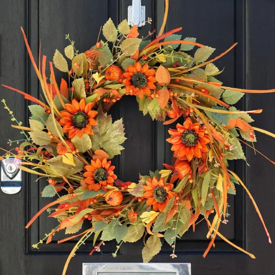 Fall Wreaths for Front Door, Soomeir 22 Inch Pumpkin Autumn Thanksgiving Wreath with Berries, Sunflower Wreath for Outdoor Outside Indoor Halloween Decorations {1}