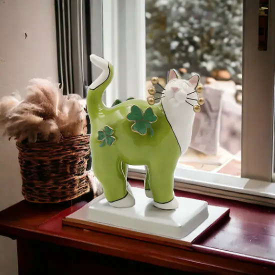 Ceramic Green Cat with Shamrocks and Golden Bead Whiskers Figurine, Home Décor, Gift for Her, Gift for Mom, Irish Saint Patrick’s Day Décor {2}