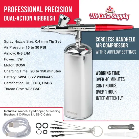 U.S. Cake Supply - Complete Cordless Handheld Airbrush Cake Decorating System, Professional Kit with a Full Selection of 12 Vivid Airbrush Food Colors {2}