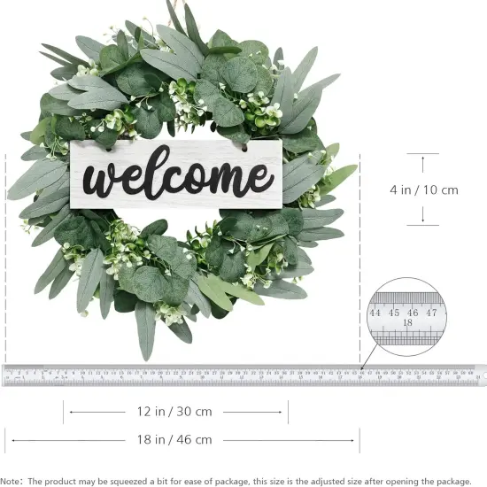 Wreath for Front Door 18" Green Eucalyptus Wreath -Farmhouse Welcome Sign Festival Ornaments Home Decor | Ideal Spring & Summer Decorating for Home Front Door and Window Outdoor (white) {3}