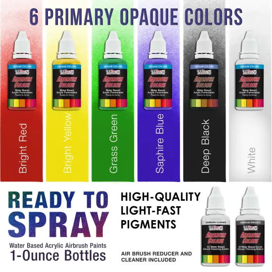 6 Color Starter Acrylic Airbrush Paint Set; Primary Opaque Colors plus Reducer & Cleaner, 1 oz. Bottles {2}