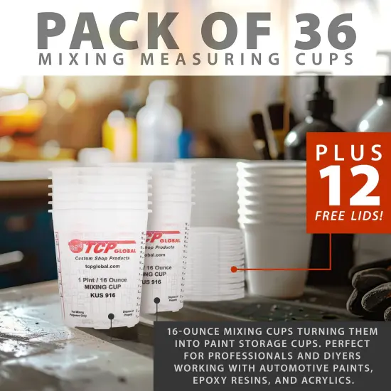 Paint Mixing Cups, 16-Ounce (Box of 36) - Plastic Measuring Cups for Liquids, Automotive Painting, Epoxy Resin, Acrylic Arts, Crafts, Disposable or Reusable, Graduated, Mixing Ratios {5}