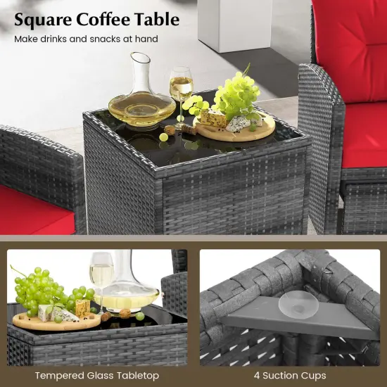 Costway 5 Piece Patio Rattan Furniture with 2 Ottomans & Tempered Glass Coffee Table Black/Grey/Navy/Beige/Red {6}